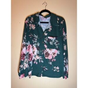 c Luna Women's‎ Long Sleeve Floral Print Collared Button Up Shirt Top Size 1X